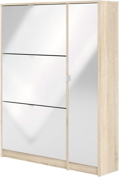 Shane schoenenkast 3 klapdeuren 2R, 1 deur eikenstructuur decor, wit hoogglans.