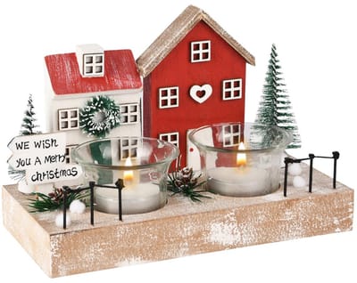 Dekoratief | Theelichthouder m/huisjes, naturel/rood, hout, 19x9x13cm | A255760