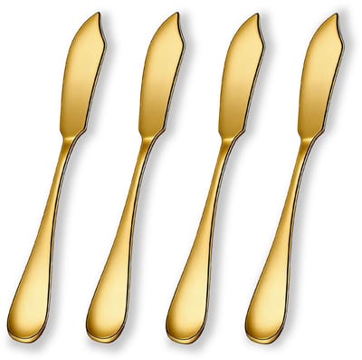Roestvrijstalen botermessenset met 4 stuks, titanium gouden coating, 14,5 cm, boterstreermes, kaasmes voor boter, kaas, aardbeien, appel, kaneel, framboos en perzikjam