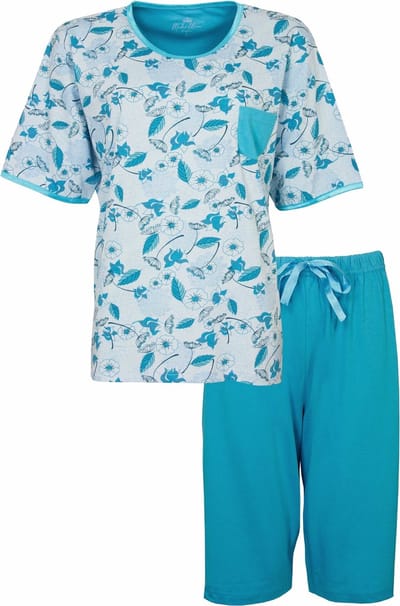 Medaillon Dames Pyjama - Katoen - Bloemenprint - Turquoise - Maat S