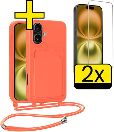 Hoesje Geschikt voor iPhone 16 Plus Telefoonhoesje Met Koord Case Pashouder Met 2x Screenprotector Siliconen - Hoes Geschikt voor iPhone 16 Plus Hoesje Met Kaarthouder - Papaya