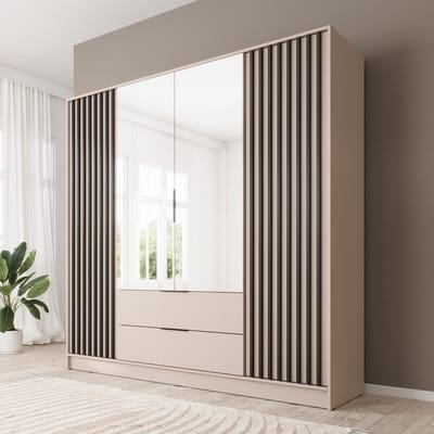Meubella - Kledingkast Nairobi - Beige - Zwart - 206 cm - met spiegel