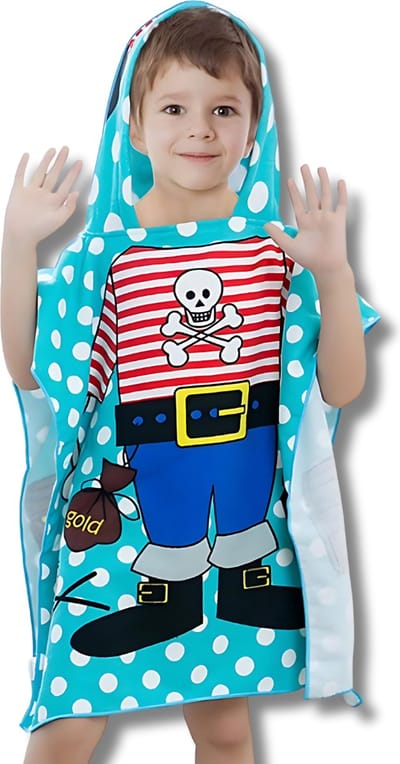 BoefieBoef Kinder Badponcho - Baby Badcape - Microfiber Kleuter Omslagdoek Met Capuchon - Kerst Cadeau - Peuter Strandponcho Voor Kinderen tot 6 jaar - 60x90cm - Piraat Schat - jongens - meisje - Peuter - Zomer - Strandlaken - Surfponcho - Dreumes