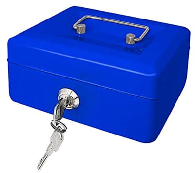 Stalen cassette met sleutelslot, metalen geldcassette met geldvak, geldopbergdoos met afsluitbaar deksel (blauw, 15 x 12 x 8 cm)