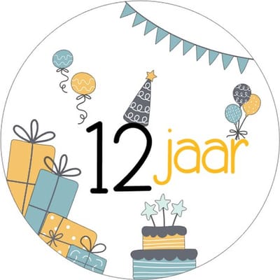 20x Sluitsticker 12 Jaar - Geel Blauw - 40 mm - Verjaardags sticker - Sluitzegel - Sticker Verjaardag jongens meisjes - Ballonnen - Cadeau's Kado's - Glossy - Sluitzegel - Wensetiket - Uitdelen - Jarig - Trakteren - Hoera