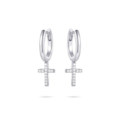Jewels Inc. - Oorringen - Glad met scharnier en beweegbare Kruis gezet met Zirkonia Stenen - 9mm x 6mm - 13.5mmØ - Gerhodineerd Zilver 925