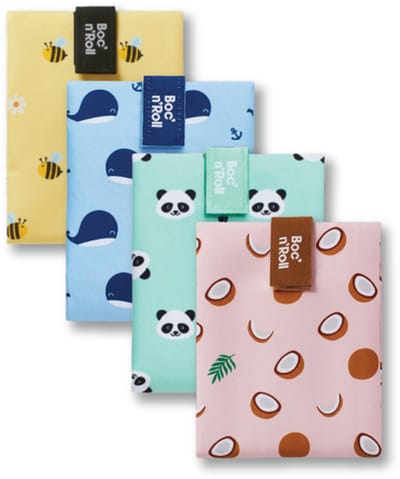 Boc’n’Roll - Voordeelset Happy Prints 4 stuks- Herbruikbaar Boterhamzakje en Snackverpakking - Sluiting met klittenband - BPA-vrij - Waterdichte binnenlaag - Wasbaar tot 60°C