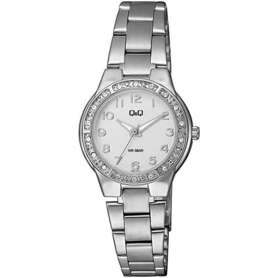 Q&Q Q691J214Y - Horloge - Analoog - Dames - Vrouwen - stalen band - Rond - Cijfers - Staal - Zilverkleurig - Wit - Briljanten