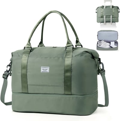 TAN.TOMI Reistas - Sporttas voor dames en heren - 46x23x32 cm -Met Smart -Sleeve voor op een Koffer - Handbagage Tas - Met Schoenenvak en Afneembare Schouderband - Groente