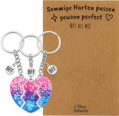 BFF Sleutelhanger voor 3 'Sommige harten passen perfect' - Magnetisch Glitter Hartje - Sleutelhanger set op Cadeau Kaartje - Zilverkleurig - Vriendschap Symbool - Pax Amare