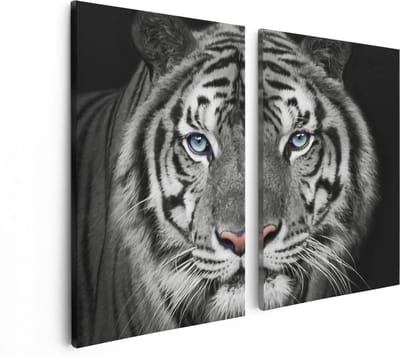 Artaza Canvas Schilderij Tweeluik Tijgerkop Met Blauwe Ogen - Zwart Wit - 80x60 - Foto Op Canvas - Canvas Print