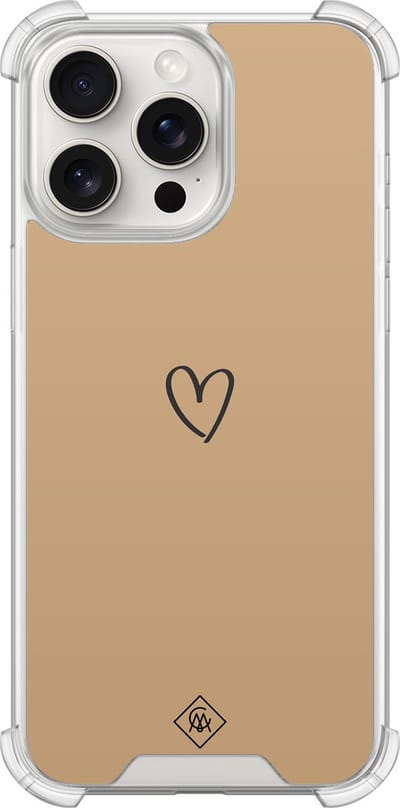 Casimoda® hoesje - Geschikt voor iPhone 15 Pro Max - Hart Bruin - Shockproof case - Extra sterk - TPU/polycarbonaat - Bruin/beige, Transparant