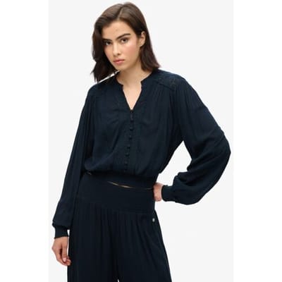 Superdry Blouse met Lange Mouwen, Smokwerk en Kanten Randen Blauw Grootte: 42