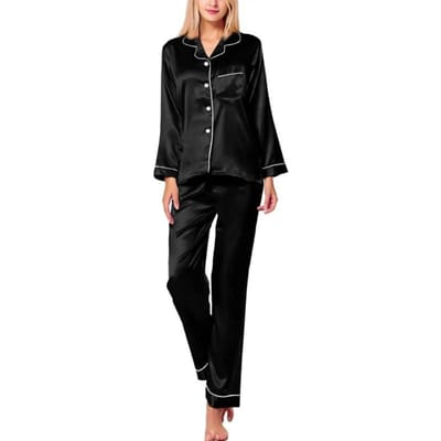 Shirt met lange mouwen, Broek en Broekset, Lente- en Herfst Damespyjama's, Slaappakken, Effen Ijszijde Pyjama's, Losse Huiskleding 2XL black