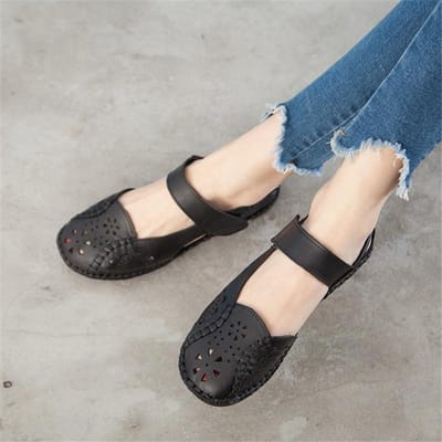 Holle lederen ademende zachte platte sandalen zomer damesschoenen vrouw casual effen gesp dames sandalen 42 zwart