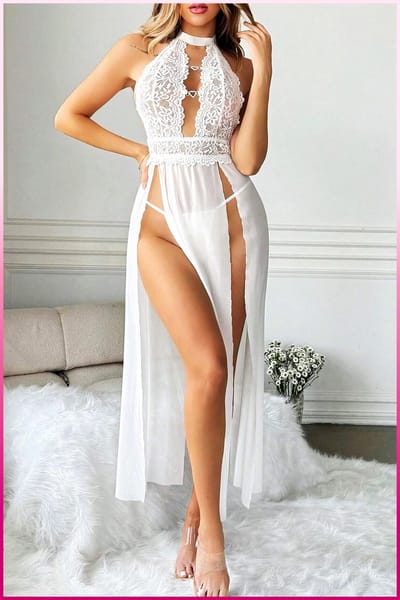 Purple-Daisy Provocerende elegante erotische jurk - Lange rok - Backless - Sexy dress - Nachtkleding 2 delige set PDS0040-W - Maat S/M - WIT