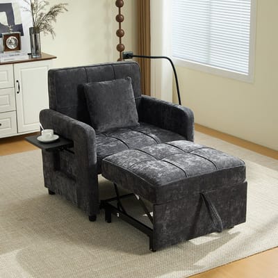 BLACKCOLORS Twee-in-één slaapfauteuil, eenpersoonsslaapbank, fauteuil van chenille (met kussens en zijvakken), met een tafeltje aan de ene kant en een opbergtas aan de andere kant, compleet