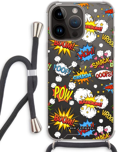 Case Company® - Hoesje met koord geschikt voor iPhone 14 Pro Max hoesje met Koord - Pow Smack - Telefoonhoesje met Zwart Koord - Bescherming aan alle Kanten en Over de Schermrand