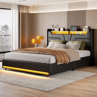 Opbergbed 140x190 cm – Tweepersoonsbed met Gaslift en Opbergruimte, LED Verlichting Hoofdbord en Voeteneinde, Hoofdbord met Oplaadfunctie – PU Leer Zwart