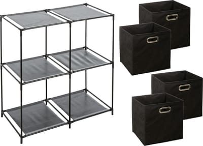 5Five Kastmandjes/opberg manden - zwart - 4x stuks van 29 Liter - Metalen rekje is 67 x 68 cm