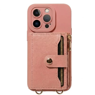 Roze telefoon hoesje met portemonnee en rits geschikt voor iPhone 17 Pro – kunstleer beschermende wallet case voor dames en heren met pasjeshouder, druksluiting, draagkoord bevestiging en standaard functie
