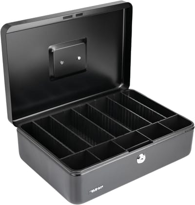 Geldbox met 6 vakken, muntinvoer en individuele compartimenten, 36 x 25 x 11 cm, zwart, ideaal voor sparen en organiseren van munten