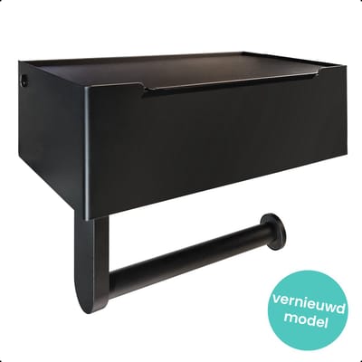GDRN - Elegante Zwarte Toiletrolhouder met Bakje, Zonder Boren, Zelfklevend, Extra Opbergruimte, incl. montage materiaal