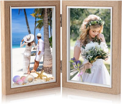 Famanu - Fotolijst, opvouwbaar, houten fotolijst, inklapbare fotolijst, collage, 2 foto's, voor tafeltentoonstelling of geschenken, fotoformaat 2 x 10 x 15 cm