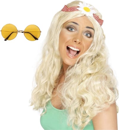 Smiffys Hippie Sixties verkleedset dames - Pruik lang haar blond - bril met ronde glazen geel - Flower Power thema