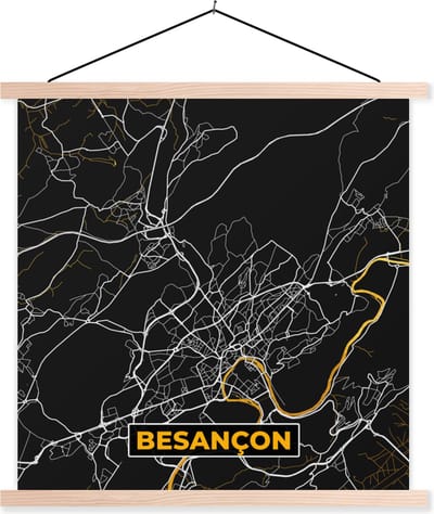 Posterhanger incl. Poster 40x40 cm - Schoolplaat - Stadskaart – Plattegrond – Besançon - Kaart – Frankrijk - Textielposter - Blanke latten - Stadskaart
