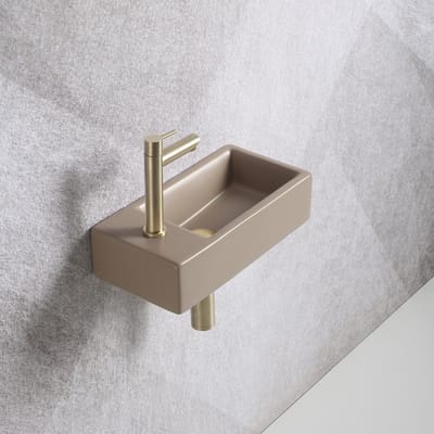 Fonteinset Mia 40.5x20x10.5cm mat beige links inclusief fontein kraan, sifon en afvoerplug mat goud