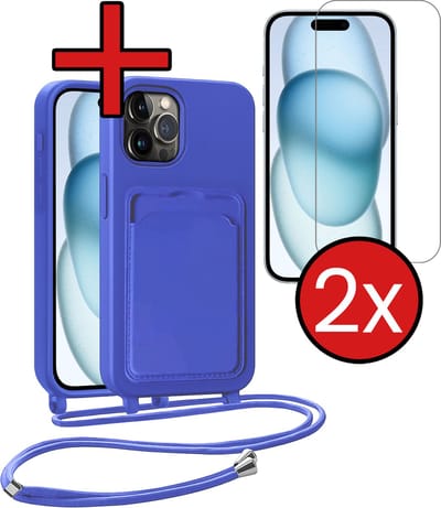 Hoesje Geschikt voor iPhone 14 Pro Max Hoesje Met Telefoonkoord en Pasjeshouder Met 2x Screenprotector Siliconen - Hoes Geschikt voor iPhone 14 Pro Max Hoesje Met Kaarthouder Case - Felblauw