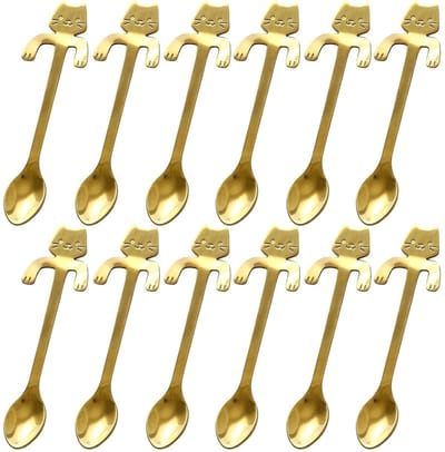12x Theelepel / Koffielepel Hangende Kat - Goud - 12 Stuks