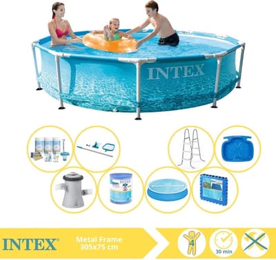 Intex Rond Frame Zwembad - 305 x 76 cm - Waterprint - Inclusief Solarzeil - Onderhoudspakket - Zwembadfilterpomp - Filter - Schoonmaakset - Ladder - Voetenbad - Vloertegels - 9-delig
