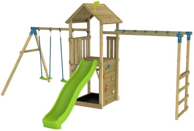Speeltuin TAMARIN SKYWOOD apenbrug - schommel - glijbaan - FSC® hout