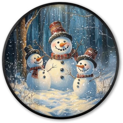 Poster in lijst Rond - Fotolijst 60x60 cm - Posters - Sneeuwpop - Sneeuw - Winter - Bos - Ronde posterlijst zwart - Decoratie - Wanddecoratie woonkamer - Muurdecoratie slaapkamer