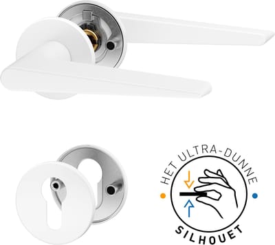 RENA Super Slim Deurbeslag - Witte Deurklink met ronde rozet en cilinderrozet - Deurgrepen voor deuren met cilinderslot - Binnendeur - Roestvrij staal