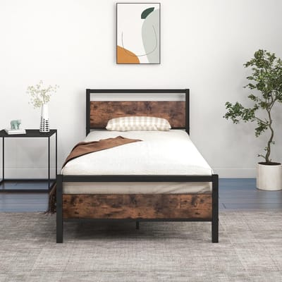 Metalen platformbedframe 1,5 m met houten hoofdeinde, sterk en duurzaam, eenvoudig te monteren, zwart