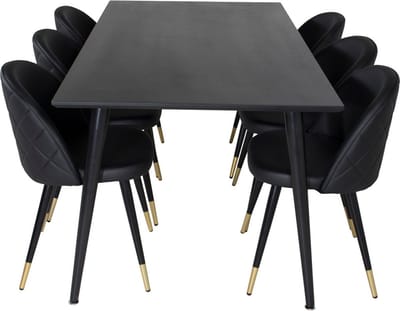 Dipp180x90BLBL eethoek eetkamertafel zwart en 6 Velvet eetkamerstal PU kunstleer zwart.