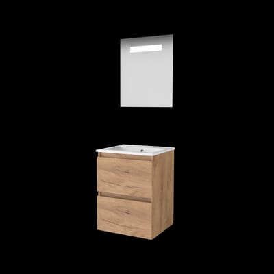 Basic-Line Economic 46 Badkamermeubelset - 50 x 46 cm - Greeploos - 2 Lades - Keramische Wastafel - 1 Kraangat - Spiegel met LED Verlichting - Whisky Oak