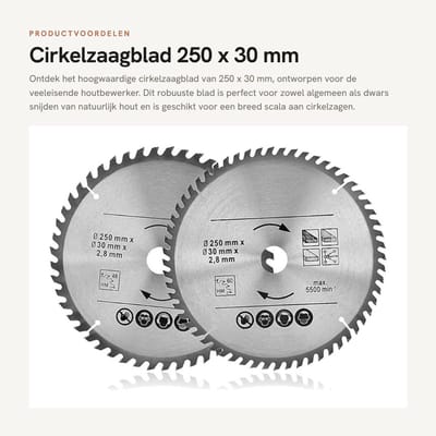Dailygoods- Cirkelzaagblad 250 x 30 mm - Hardmetalenlegering - Multifunctioneel - Voor natuurhout - Dwarssnijden - Hoge hardheid - Zaagblad