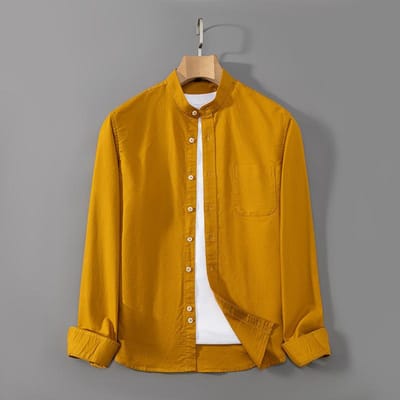 Lente en Herfst Nieuwe Stijl Opstaande Kraag Oxford Katoen Lange Mouwen Shirt Heren Slim Werkshirt Casual Inch Shirt M orange