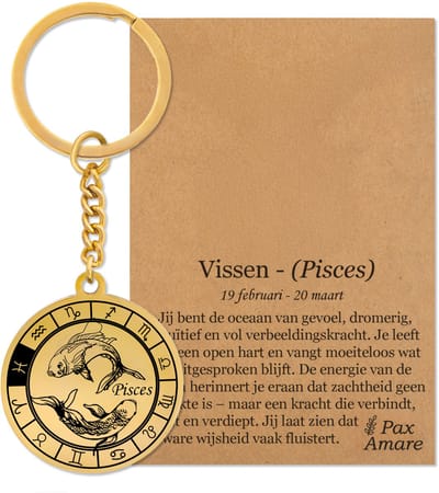 Sterrenbeeld Vissen (Pisces) Sleutelhanger op Cadeau Kaartje – Spiritueel Cadeau van Roestvrij Staal – Goudkleurig – Pax Amare