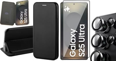 Hoesje geschikt voor Samsung Galaxy S25 Ultra - Screenprotector Glas & Camera - Wallet Book Case Zwart