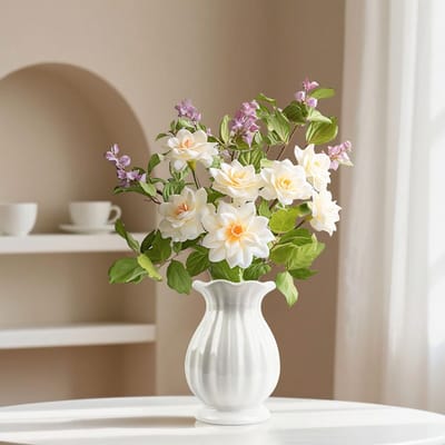 Vaas, 14 cm kleine geribbelde bloemenvaas, brede ronde mond voor bloemen en pampasgras, moderne Scandinavische huisdecoratie, bruiloft thuiskantoor romantische decoratie (Vase03)