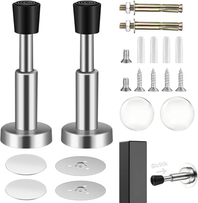 4 stuks verstelbare deurstoppers, roestvrijstalen telescopische wanddeurstopper met rubberen buffers, stille loop, wandmontage, dubbele installatie, uittrekbaar van 8,9 tot 10,2 cm, met