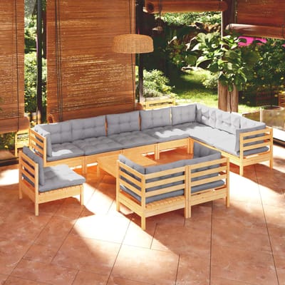 vidaXL - 11-delige - Loungeset - met - grijze - kussens - massief - grenenhout