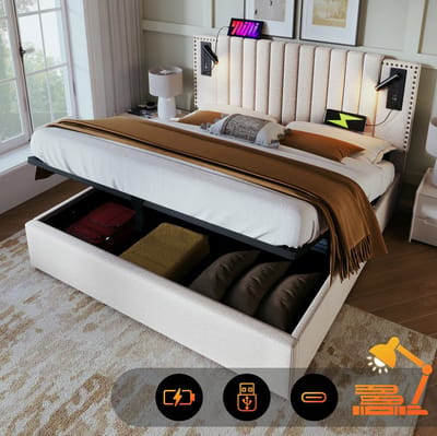 MIVRAY Gestoffeerd Bed 180x200 cm - Tweepersoonsbed Met Opbergruimte, Leeslamp en USB Type C - Zonder Matras - Stof - Beige