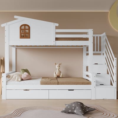 Pugsdrly - Stapelbed - Kinderbed met Opbergruimte - 2 Lades op Wieltjes + Hoekladekast - Vensters & Stevige Houten Constructie - Grenen/MDF/Multiplex, Wit + Naturel - 90x200 / 120x200 cm