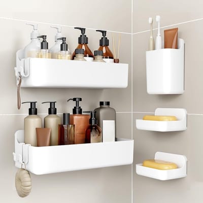 Famanu – Douchecaddy set van 5, boorvrij doucheplanken van ABS, sneldrogend en ruimtebesparend, grote capaciteit, wit